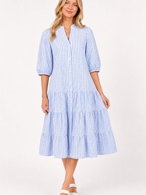 TCEC Light Blue Gingham Tiered Midi Dress